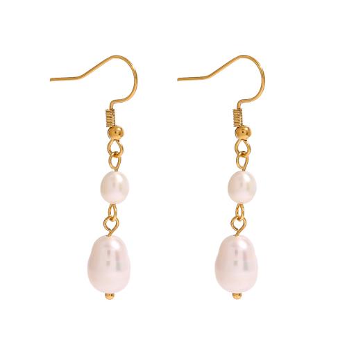 Stainless Steel Drop Earring, 304 Stainless Steel, with Plastic Pearl, 18K gold plated, fashion jewelry & for woman 