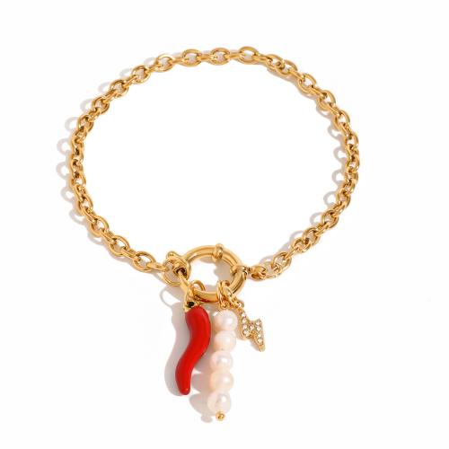 Acero inoxidable Pulsera con dijes, acero inoxidable 304, con Perlas plásticas, 18K chapado en oro, Joyería & para mujer & con diamantes de imitación, longitud:7.28 Inch, Vendido por UD[