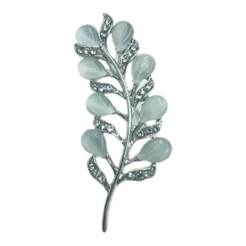 Zinc Alloy Jewelry Brooch, with Cats Eye, anoint, for woman & with rhinestone, silver color [