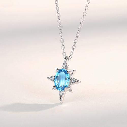 925 Sterling Silver Necklace, with Topaze, with 2inch extender chain, Eight Point Star, oval chain & micro pave cubic zirconia & for woman Approx 15.7 Inch 