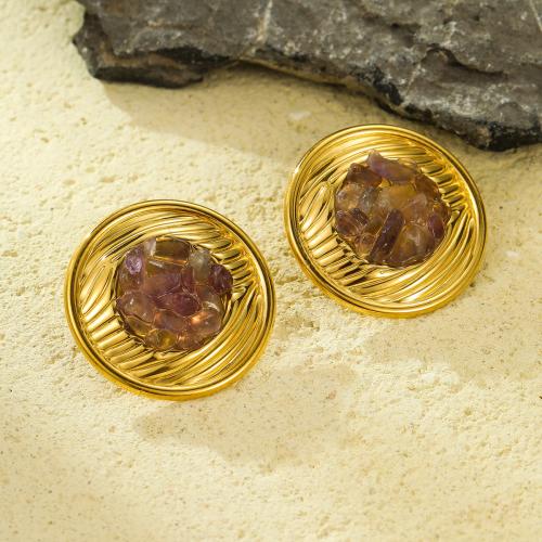 Gemstone Stud Earring, 304 Stainless Steel, with Natural Stone, 18K gold plated, fashion jewelry & for woman 12.1mm 