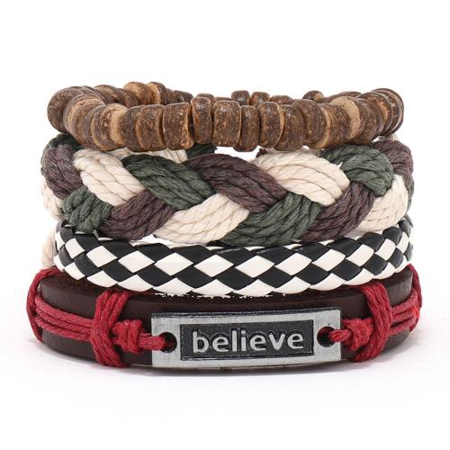 Bracelets de cuir de vachette, alliage de zinc, avec vachette cordon & corde de cire & bois, 4 pièces & unisexe & styles différents pour le choix, plus de couleurs à choisir Environ 17-18 cm, Vendu par fixé