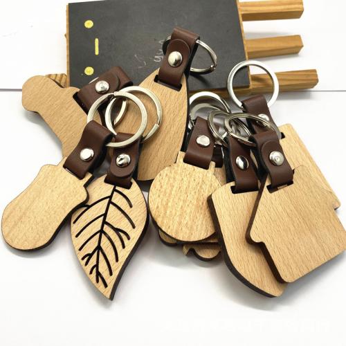 Wood Key Chain, with PU Leather, Unisex 