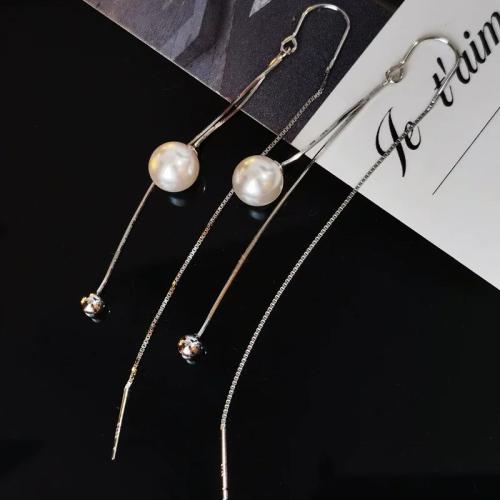 Sterling Silver Thread Through Earrings, 925 Sterling Silver, with Shell Pearl, fashion jewelry & for woman, 84mm 