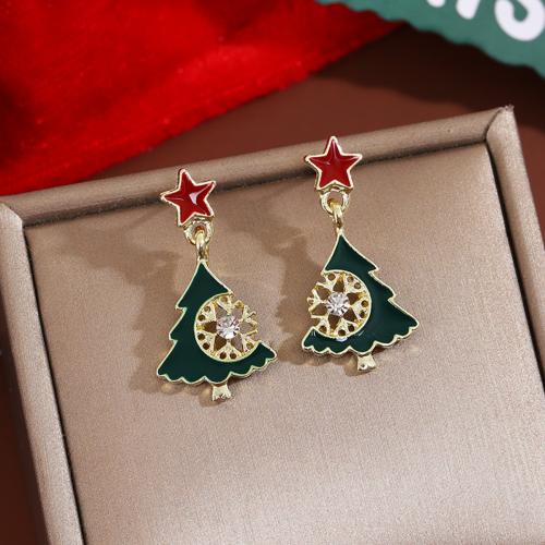 Pendientes de Navidad, aleación de zinc, Árbol de Navidad, Diseño de Navidad & para mujer & esmalte & con diamantes de imitación, 15x29mm, Vendido por Par