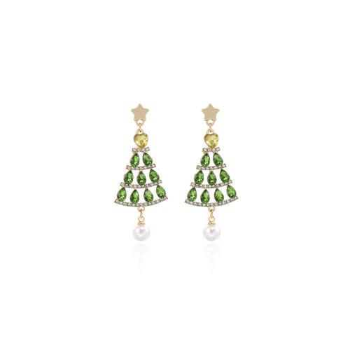 Pendientes de Navidad, aleación de zinc, con Perlas plásticas, Árbol de Navidad, Diseño de Navidad & para mujer & con diamantes de imitación, 60x29mm, Vendido por Par