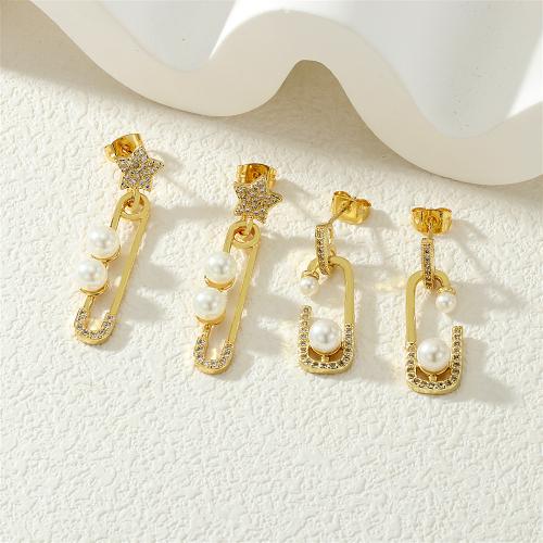 Cubic Zirconia Micro Pave Brass Earring, with Plastic Pearl, gold color plated, fashion jewelry & micro pave cubic zirconia & for woman 