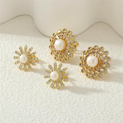 Cubic Zirconia Micro Pave Brass Earring, with Plastic Pearl, Flower, gold color plated & micro pave cubic zirconia & for woman 