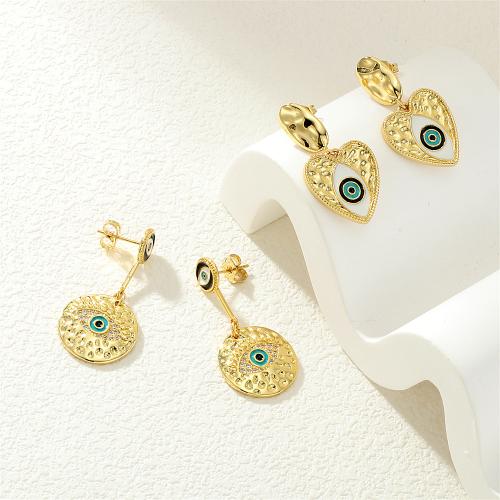 Pendientes de mal de ojo, metal, chapado en color dorado, patrón de malvado de ojo & diferentes estilos para la opción & micro arcilla de zirconia cúbica & para mujer & esmalte, más colores para la opción, Vendido por Par