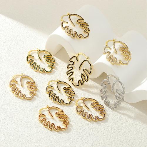 Boucles d'oreilles en laiton zircon cubique pavent, feuille, Placage de couleur d'or, pavé de micro zircon & pour femme, plus de couleurs à choisir, Vendu par paire[