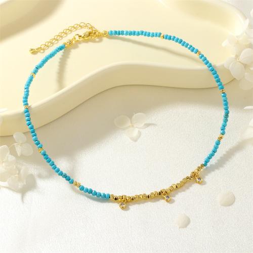 Collier en laiton cubique Zircon Micro Pave, avec turquoise, Placage de couleur d'or, pavé de micro zircon & pour femme, bleu, Vendu par PC[