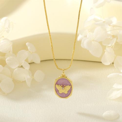 Collier en laiton fait à la main, papillon, Placage de couleur d'or, pour femme & émail, violet, Vendu par PC