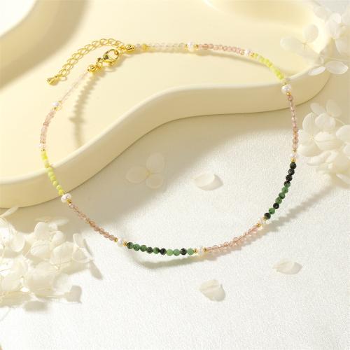 Gemstone Chip Necklaces, Brass, with Gemstone Chips & Freshwater Pearl & Glass, gold color plated, for woman [