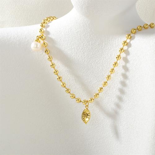 Brass Jewelry Necklace, with Freshwater Pearl, Leaf, gold color plated, for woman [