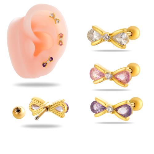 Cubic Zirconia Micro Pave Brass Earring, with Titanium Steel, Bowknot, plated, micro pave cubic zirconia & for woman 