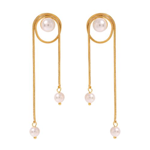 Stainless Steel Drop Earring, 304 Stainless Steel, with Plastic Pearl, 18K gold plated, fashion jewelry & for woman & hollow 