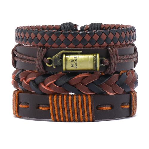 PU Leather Cord Bracelets, with Wax Cord & Zinc Alloy, handmade, 4 pieces & fashion jewelry & for man, mixed colors 