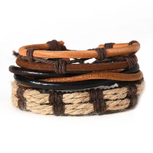 Bracelets de cuir de vachette, cuir de peau de vache, avec corde de cire, fait à la main, trois pièces & bijoux de mode & pour homme, couleurs mélangées, Vendu par fixé