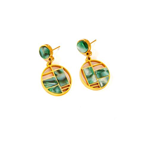 Boucles d'oreilles en acier titane, avec Huître perlière, Placage de couleur d'or, bijoux de mode & pour femme & creux, vert, Vendu par paire