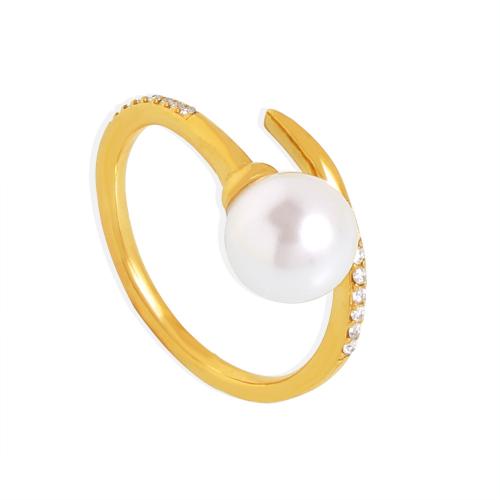 Titanium Steel Finger Ring, with Shell Pearl, plated, fashion jewelry & micro pave cubic zirconia & for woman US Ring [