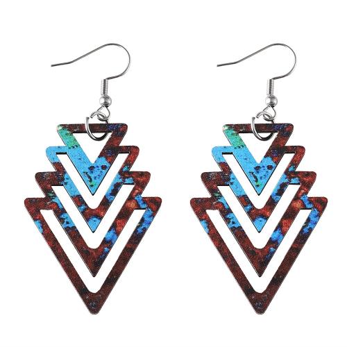 Wood Earring, with Zinc Alloy, Triangle, printing, for woman & double-sided & hollow 