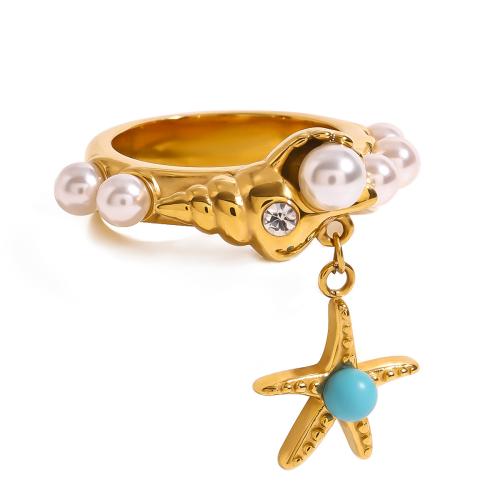 Rhinestone Stainless Steel Finger Ring, 304 Stainless Steel, with Plastic Pearl, plated, fashion jewelry & for woman & with rhinestone, golden 