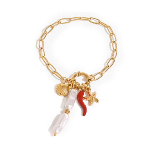 Acero inoxidable Pulsera con dijes, acero inoxidable 304, con Perlas plásticas, chapado, Joyería & para mujer, dorado, longitud:7.28 Inch, Vendido por UD[