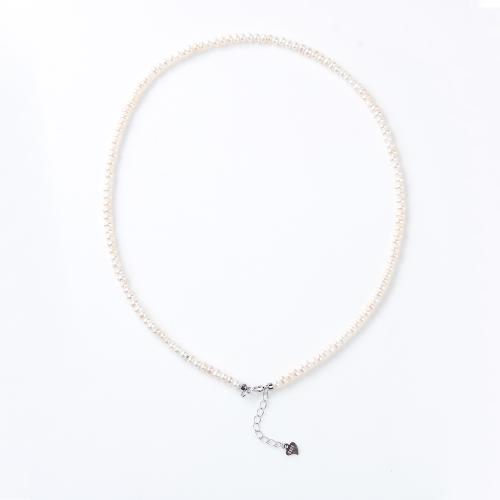 Collier de perles d'eau douce naturelles, perle d'eau douce cultivée, avec 5.5cm chaînes de rallonge, Placage de couleur argentée, bijoux de mode & pour femme, blanc, 3-4mm Environ 41 cm, Vendu par PC