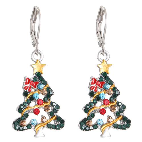 Pendientes de Navidad, aleación de zinc, Árbol de Navidad, Diseño de Navidad & Joyería & para mujer & con diamantes de imitación, multicolor, 38x16mm, Vendido por Par