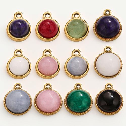 Gemstone Jewelry Pendant, 304 Stainless Steel, with Natural Stone, Round, DIY  golden 