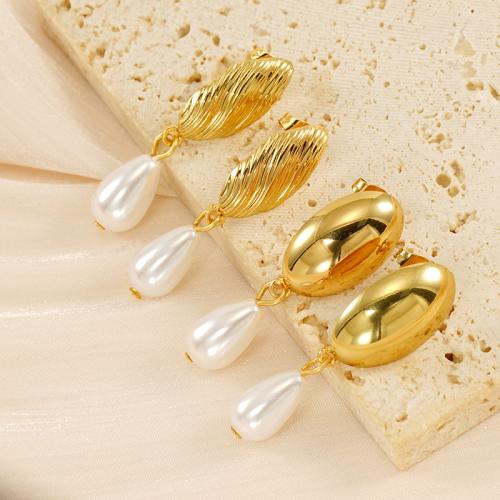 Stainless Steel Drop Earring, 304 Stainless Steel, with Plastic Pearl, 18K gold plated, fashion jewelry & for woman, golden 