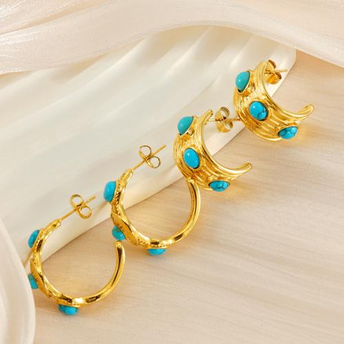 Stainless Steel Stud Earring, 304 Stainless Steel, with turquoise, 18K gold plated, fashion jewelry & for woman, golden 