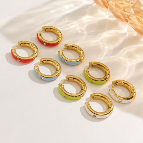 Stainless Steel Huggie Hoop Earring, 304 Stainless Steel, Donut, Vacuum Ion Plating, fashion jewelry & micro pave cubic zirconia & for woman & enamel 