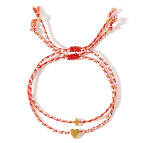 Laine cordon Bracelet, Fil de coton, avec laiton, fait à la main, 2 pièces & Réglable & bijoux de mode, rouge Environ 28 cm, Vendu par fixé