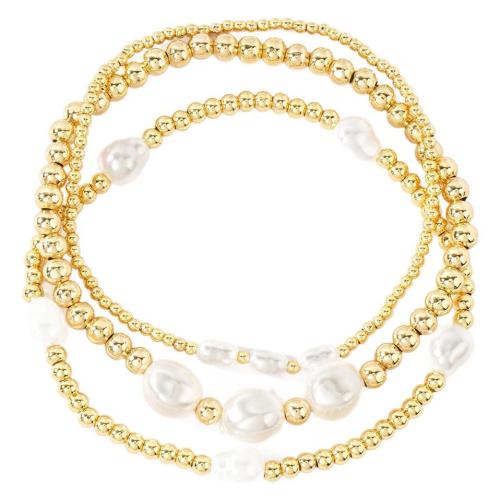 Brass Bracelets, with Plastic Pearl, gold color plated, three pieces & fashion jewelry & for woman Approx 17.5 cm 