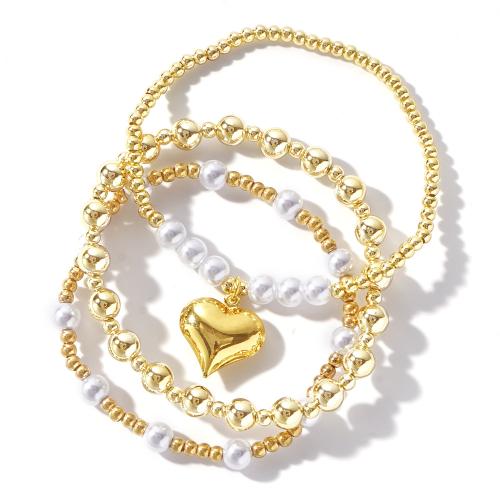 Brass Bracelets, with Plastic Pearl, Heart, gold color plated, three pieces & fashion jewelry & for woman Approx 17.5 cm 