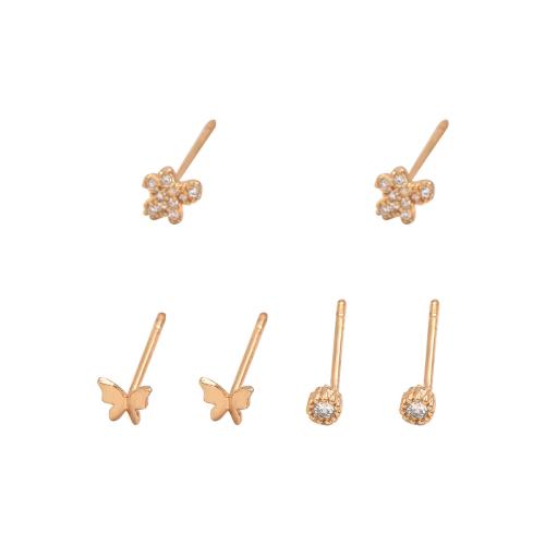 Cubic Zirconia Micro Pave Brass Earring, three pieces & micro pave cubic zirconia & for woman, golden 