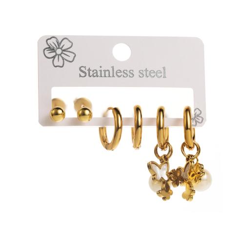 Zinc Alloy Drop Earring, 304 Stainless Steel, with Plastic Pearl, plated, three pieces & for woman, golden 