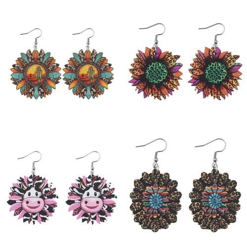 Wood Earring, with 304 Stainless Steel, Flower, printing & for woman & double-sided 