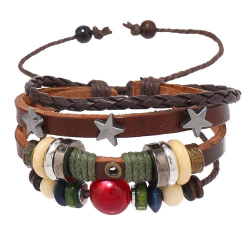 Bracelets de cuir de vachette, cuir de peau de vache, avec pierrecaillou & corde de cire & bois & plastique revêtu de cuivre & alliage de zinc, fait à la main, bijoux de mode & multicouche & pour femme, brun, Vendu par PC