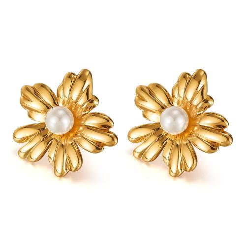 Stainless Steel Stud Earring, 304 Stainless Steel, with Plastic Pearl, Flower, gold color plated, fashion jewelry & for woman 