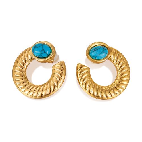 Stainless Steel Stud Earring, 304 Stainless Steel, with turquoise, plated, fashion jewelry & for woman, golden 