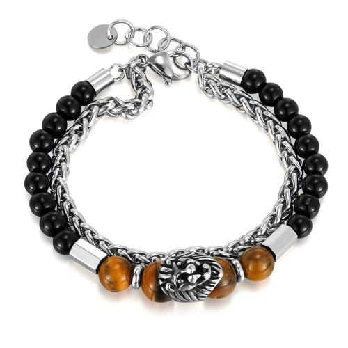 Gemstone Bracelets, 304 Stainless Steel, with Stone & Tiger Eye, with 30mm extender chain, polished, Double Layer & fashion jewelry & for man mm 