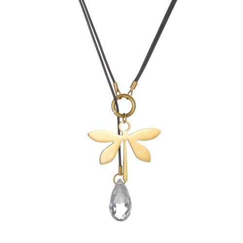 Stainless Steel Jewelry Necklace, 304 Stainless Steel, with Wax Cord & Crystal, Dragonfly, plated, for woman, gold [