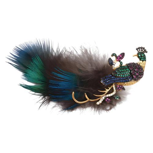 Zinc Alloy Jewelry Brooch, with Feather, plated, for woman & with rhinestone, golden [