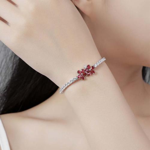 925 Sterling Silver Bracelet, with Ruby Alumina, Daisy & micro pave cubic zirconia & for woman 