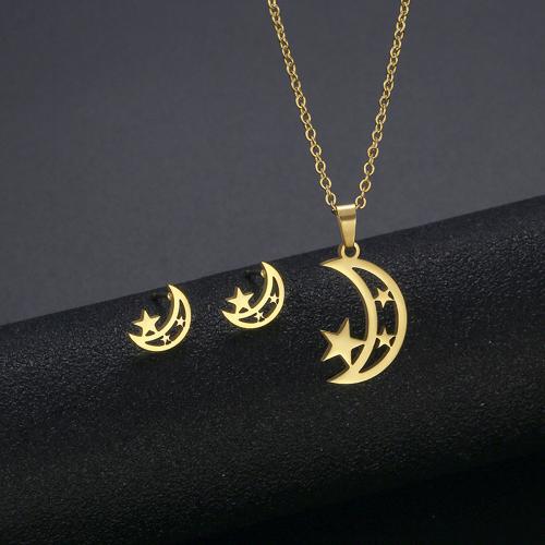 Fashion Stainless Steel Jewelry Sets, 304 Stainless Steel, Stud Earring & necklace, Moon and Star, 2 pieces & fashion jewelry & for woman, golden Approx 45 cm 