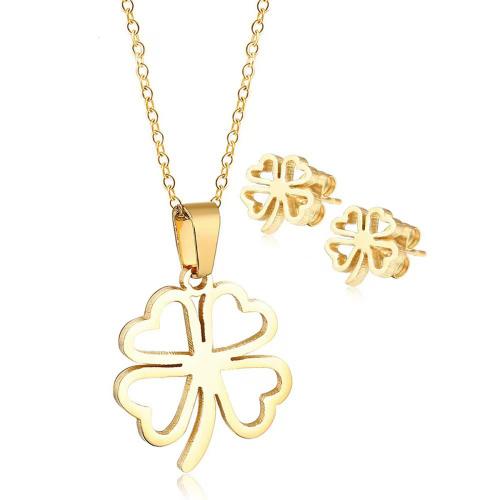 Fashion Stainless Steel Jewelry Sets, 304 Stainless Steel, Stud Earring & necklace, Four Leaf Clover, 2 pieces & fashion jewelry & for woman Approx 45 cm 