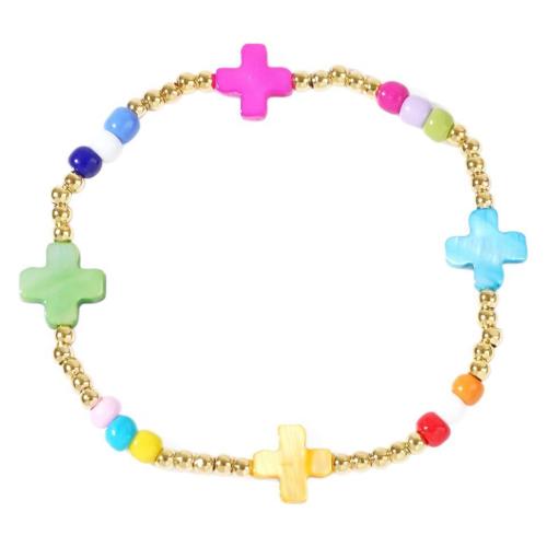 Brass Bracelets, with Shell & Resin, Cross, gold color plated, fashion jewelry & for woman, multi-colored, 10mm Approx 17.5 cm 