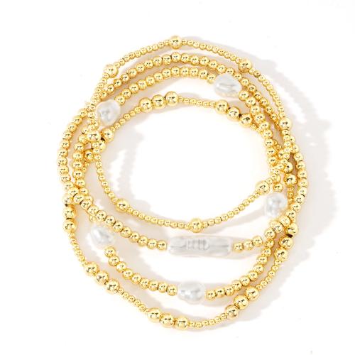 Pulseras de latón, metal, con Perlas plásticas, chapado en color dorado, 4 piezas & Joyería & para mujer, longitud:aproximado 17.5 cm, Vendido por Set[